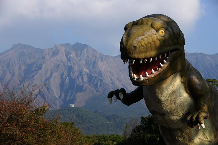 恐竜公園のティラノと桜島.JPG